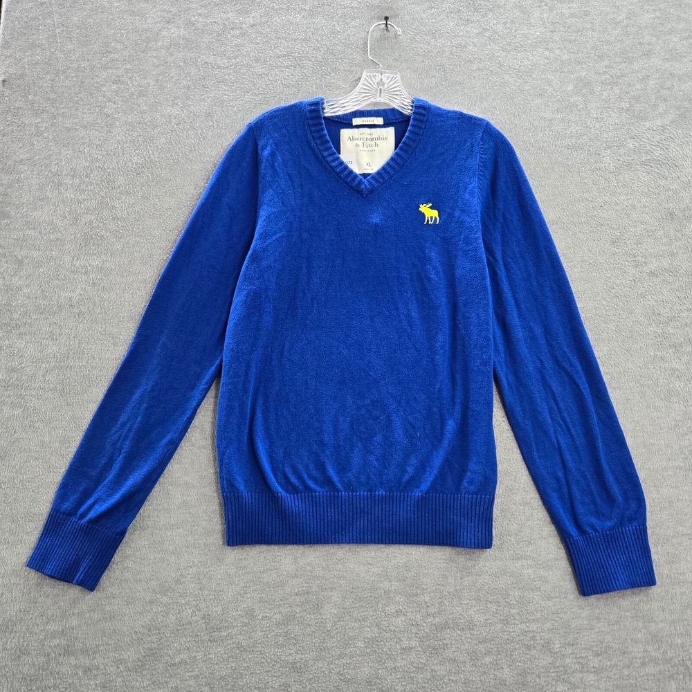 Abercrombie & Fitch Women Sweater XL Blue Cashmere Blend Muscle Logo V Neck
